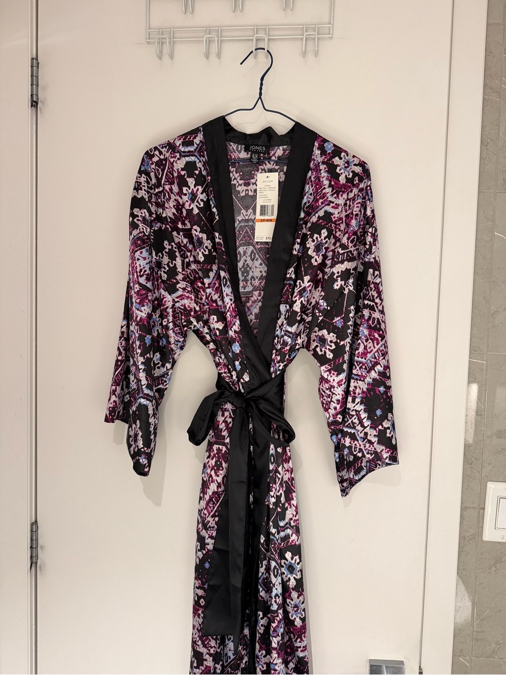 Jones New York Black Floral-Print Satin Robe with Purple Accents